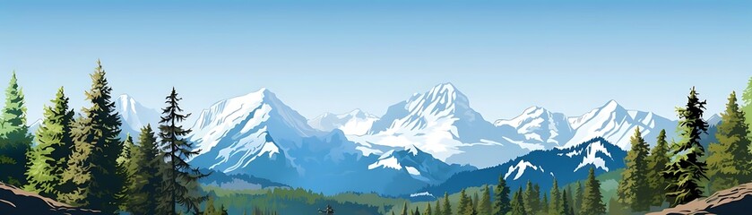 Wall Mural - snow - capped peaks tower over a lush forest of green trees under a clear blue sky