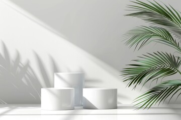 Wall Mural - Abstract white 3D room with realistic white cylinder pedestal podium set and palm leaf shadow overlay. Minimal scene for product display presentation. Vector geometric platform - generative ai