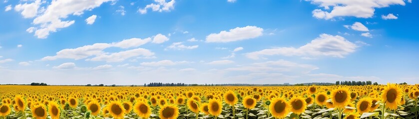 Poster - sunflower field under a blue sky with white clouds