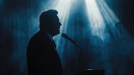Wall Mural - Silhouette of a politician speaking in a dark and misty room with light shining on it