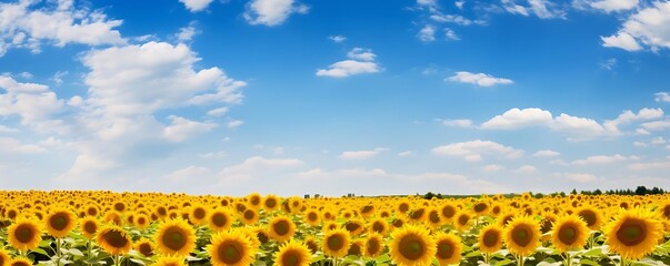 Canvas Print - sunflower field under a blue sky with white clouds