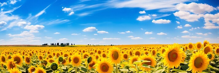 Canvas Print - sunflower field under a blue sky with white clouds