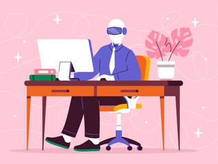 Poster - ai worker concept. cyborg sitting at workplace. artificial intelligence and machine learning. optimi
