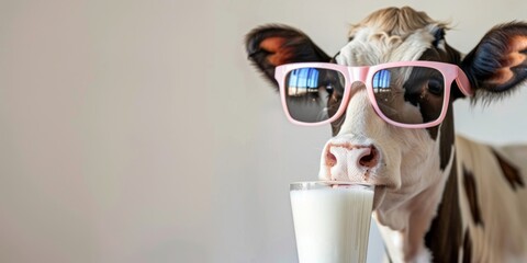 studio photo of a cow wearing sunglasses drinking milk on a white background