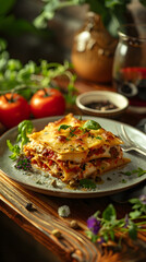 Canvas Print - A slice of lasagna with a fork on a plate on a table