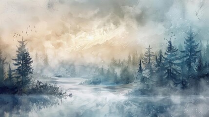 Wall Mural - Soft and dreamy watercolor landscape painting , watercolor, dreamy, soft, landscape, nature, serene, peaceful, tranquil, artistic, painting, digital art, generative AI, scenery