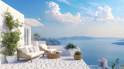 Wall Mural - White architecture in Santorini island, Greece. Beautiful terrace with sea view.