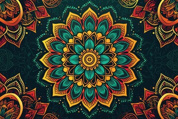 Poster - a colorful floral pattern on a blue background, Craft a vector pattern with intricate mandala elements