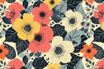 a black and red floral print fabric, Craft a vector pattern with stylized floral elements