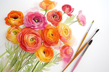 Poster - a painting of flowers with a blue background, Craft a vibrant watercolor bunch of ranunculus flowers