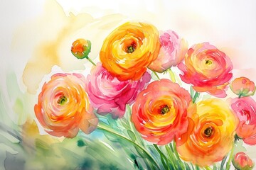 Poster - a painting of flowers with a blue background, Craft a vibrant watercolor bunch of ranunculus flowers