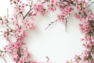 Poster - a wreath of pink flowers on a white background, Craft a watercolor wreath with blooming cherry branches