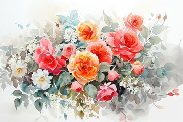 a painting of a bouquet of roses and eucalyptus leaves, Craft a watercolor bunch of dusty miller and roses