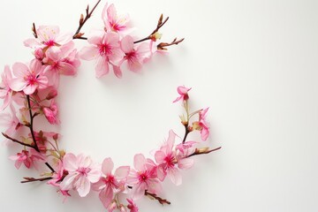 Poster - a wreath of pink flowers on a white background, Craft a watercolor wreath with blooming cherry branches