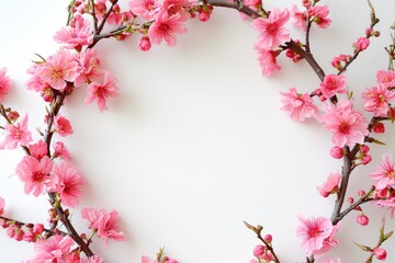 Poster - a wreath of pink flowers on a white background, Craft a watercolor wreath with blooming cherry branches