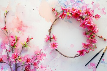 Poster - a wreath of pink flowers on a white background, Craft a watercolor wreath with blooming cherry branches