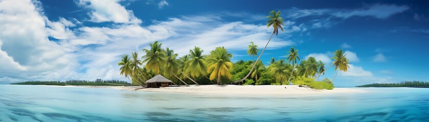 Wall Mural - tropical island with palm trees and a hut under a blue sky with white clouds