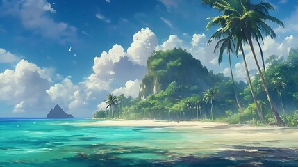 Wall Mural - tropical island paradise with lush green trees, crystal blue waters, and fluffy white clouds under a clear blue sky