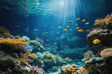 a fish tank with many different types of fish, an underwater scene with coral reefs and fish