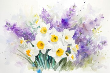 Poster - a painting of white and yellow flowers with lavender, a watercolor bunch of lavender and white daffodils