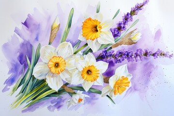 Aufkleber - a painting of white and yellow flowers with lavender, a watercolor bunch of lavender and white daffodils