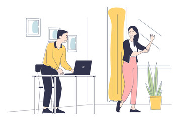 Poster - freelance work concept. man with laptop and woman in apartment. remote worker or employee in home of