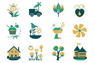 Aufkleber - a set of flat design icons of different types of nature, Design a set of vector icons representing sustainable living