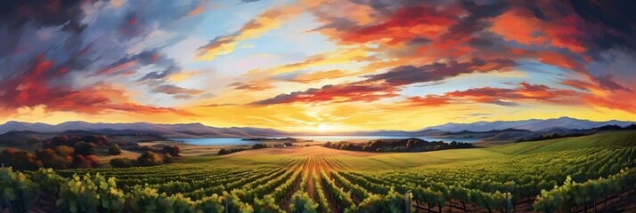 Wall Mural - vineyard at sunset with mountains in the background, framed by a green tree and an orange sky