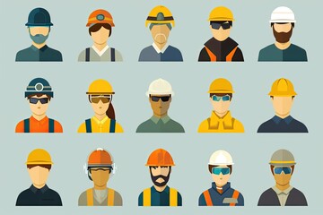 Poster - a group of people wearing hard hats and safety glasses, Design a set of vector icons representing modern fashion