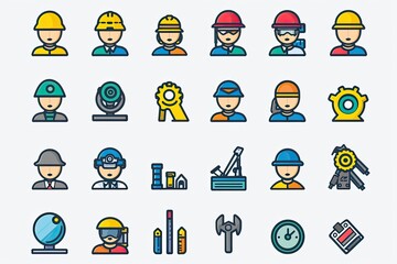 Poster - a group of people wearing hard hats and safety glasses, Design a set of vector icons representing modern fashion