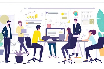 Aufkleber - a group of people sitting at a desk with computers, Design a vector illustration of a dynamic team in a software development company