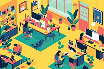 Leinwandbilder - a group of people working at desks in an office, Design a vector illustration of a lively marketing agency workspace