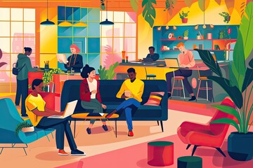 Leinwandbilder - a group of people sitting around a table in a room, Design a vector illustration of a vibrant coworking space with diverse professionals
