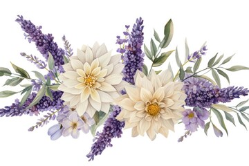 Poster - a painting of flowers and leaves on a white background, Design a watercolor bunch of lavender with white dahlias