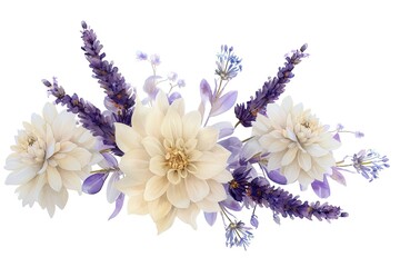 Poster - a painting of flowers and leaves on a white background, Design a watercolor bunch of lavender with white dahlias