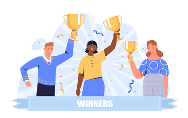 Happy winners concept. Man and women with golden cups and goblets. Team with awards and rewards, prizes. Success and motivation. Winners in competition or tournament. Cartoon flat vector illustration