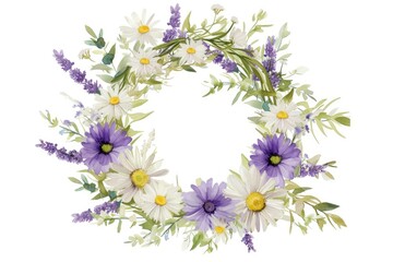 Poster - a wreath of flowers and leaves on a white background, Design a wreath with watercolor lavender and white cosmos