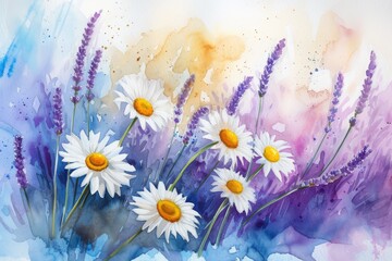 Poster - a painting of flowers on a white background, Develop a delicate watercolor arrangement featuring lavender and white daisies