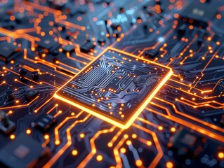Poster - High technology CPU brain central of neural networking, motherboard artificial intelligence electronic brain with glowing light background - ai
