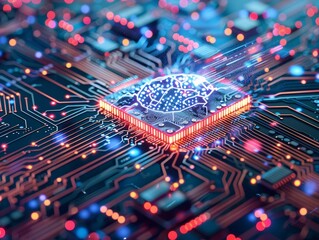 Poster - High technology CPU brain central of neural networking, motherboard artificial intelligence electronic brain with glowing light background - ai