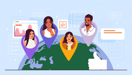 Poster - Local SEO concept. Avatars and profiles at world global map. SMM specialists with advertising plan for promotion on Internet. Search engine optimization. Cartoon flat vector illustration