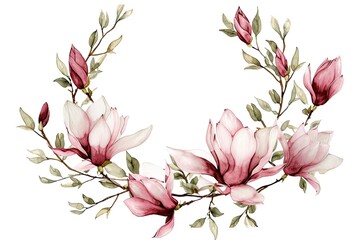 Poster - a wreath of pink flowers on a white background, Illustrate a wreath of watercolor magnolia blossoms