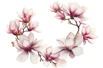 Poster - a wreath of pink flowers on a white background, Illustrate a wreath of watercolor magnolia blossoms