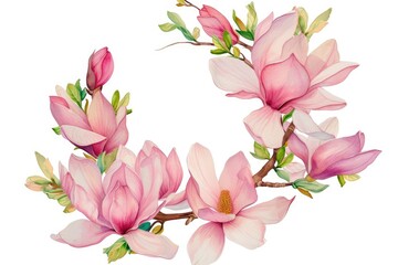 Poster - a wreath of pink flowers on a white background, Illustrate a wreath of watercolor magnolia blossoms