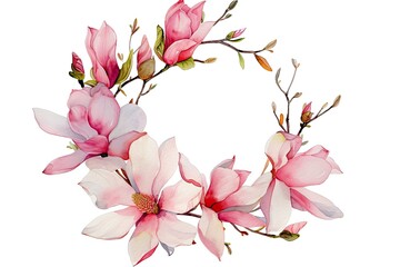 Poster - a wreath of pink flowers on a white background, Illustrate a wreath of watercolor magnolia blossoms