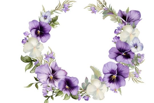 a wreath of purple and white flowers, Illustrate a wreath with watercolor lavender and chamomile