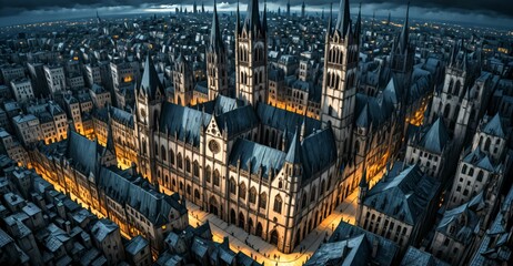 Wall Mural - gothic city buildings and towers cityscape. aerial view bird's eye view. goth castle palace and houses. gothic metropolis dystopian town.