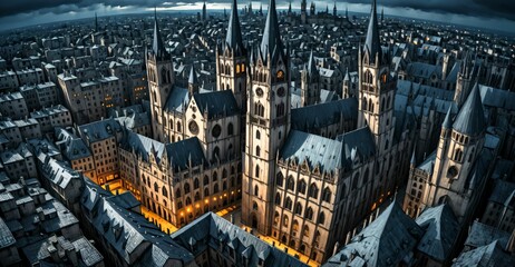 Poster - gothic city buildings and towers cityscape. aerial view bird's eye view. goth castle palace and houses. gothic metropolis dystopian town.