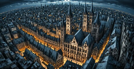 Sticker - gothic city buildings and towers cityscape. aerial view bird's eye view. goth castle palace and houses. gothic metropolis dystopian town.