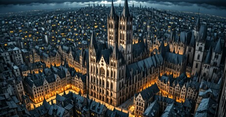 Wall Mural - gothic city buildings and towers cityscape. aerial view bird's eye view. goth castle palace and houses. gothic metropolis dystopian town.